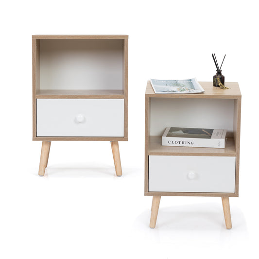 Stravelle Duo Set – Mid-Century 2-Piece Nightstand Set with Shelf & Drawer (Walnut Wood)