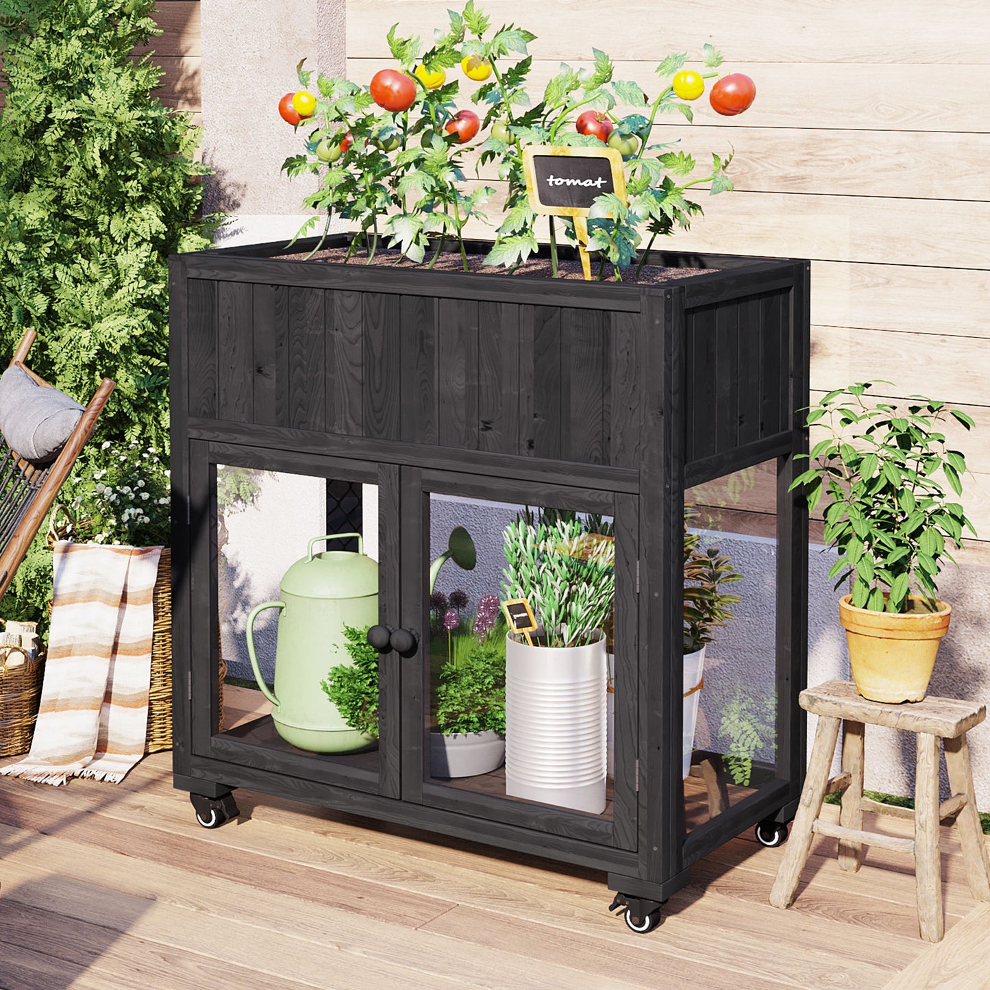 Vaxa Mini Greenhouse – Compact Wood Cold Frame with Wheels, Black Finish