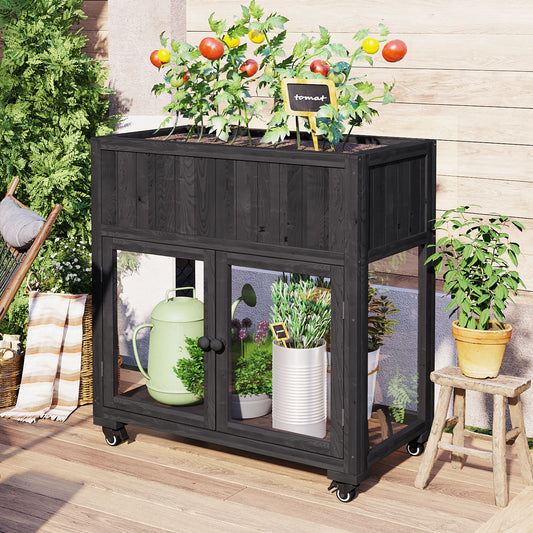 Vaxa Mini Greenhouse – Compact Wood Cold Frame with Wheels, Black Finish