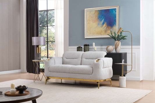 Zoe Gold Luxe Loveseat – Sleek Gray Sofa with Wood & Metallic Accents