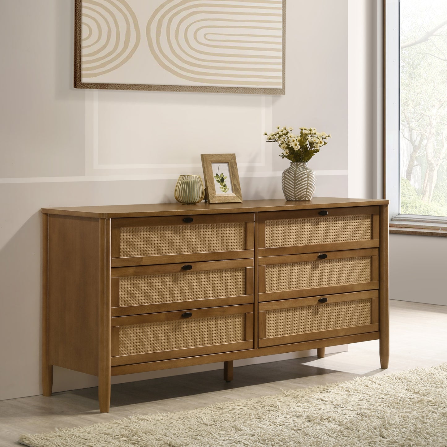 Vichy 6-Drawer Blend – Rattan & Wood Dresser with Smooth Top & Rustic Flair