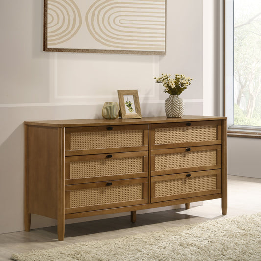 Vichy 6-Drawer Blend – Rattan & Wood Dresser with Smooth Top & Rustic Flair