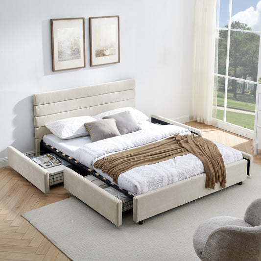 Velvra Queen Bed – Beige Cushioned Frame with Upholstered Headboard (85"x66"x36")