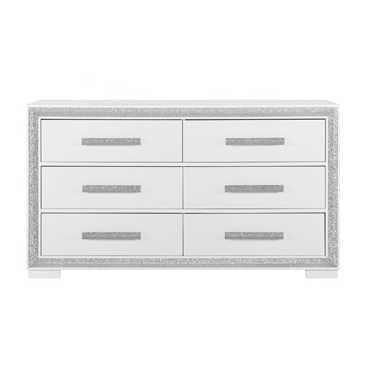 Ansel Luxe Console – Silver 6-Drawer Low Dresser with Beveled Drawer Design