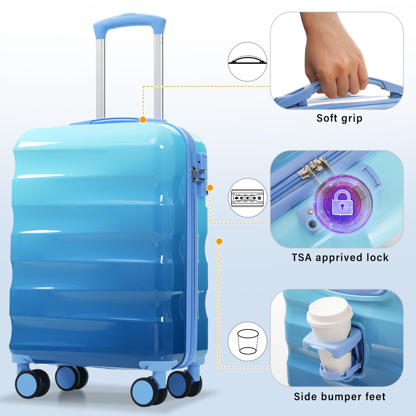 Jetera 2 - Piece Carry - On Set – 20" Glossy Hardshell Suitcase with Cup Holder, Spinner Wheels & TSA Lock - JUSTLIVE NESTJUSTLIVE NEST