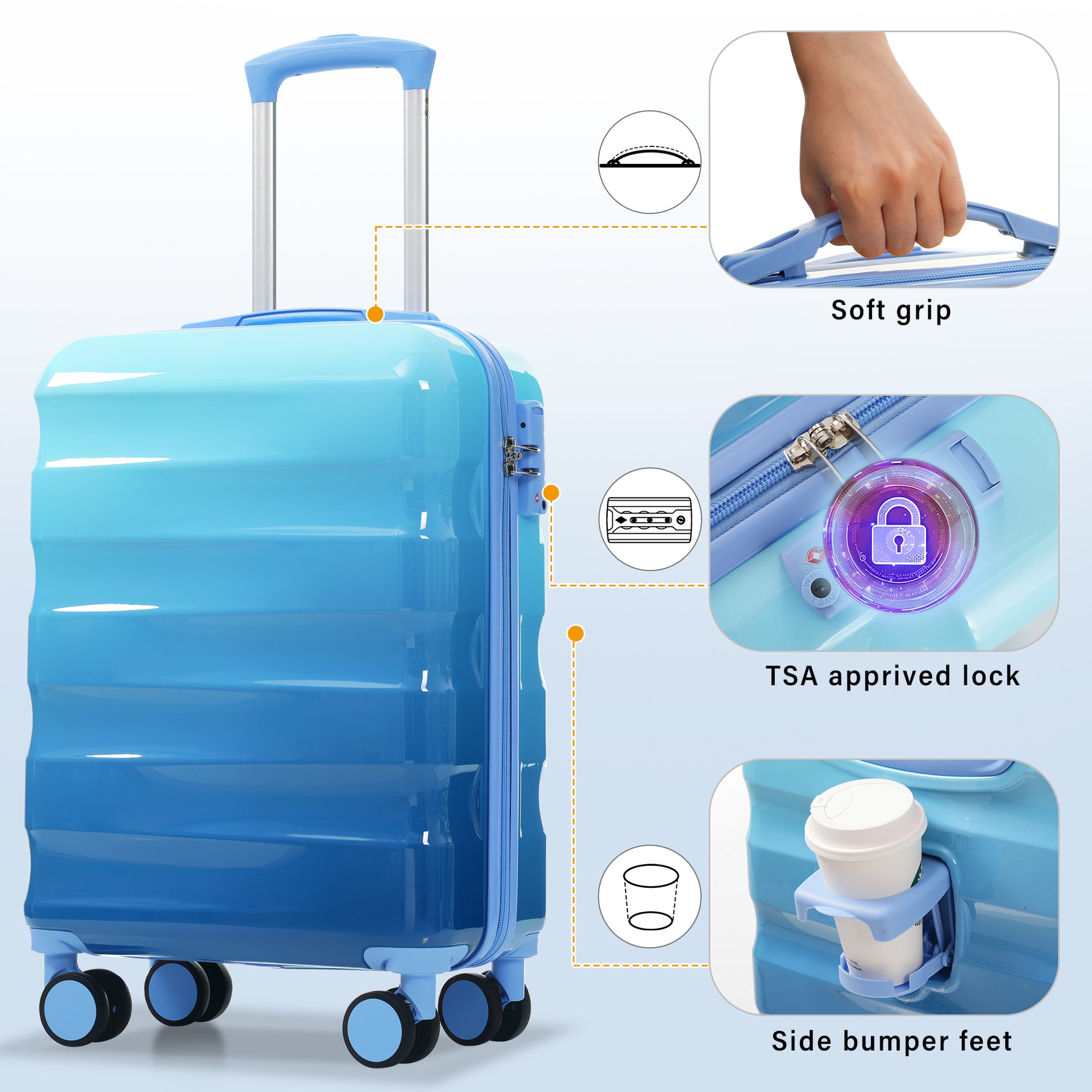 Jetera 2 - Piece Carry - On Set – 20" Glossy Hardshell Suitcase with Cup Holder, Spinner Wheels & TSA Lock - JUSTLIVE NESTJUSTLIVE NEST