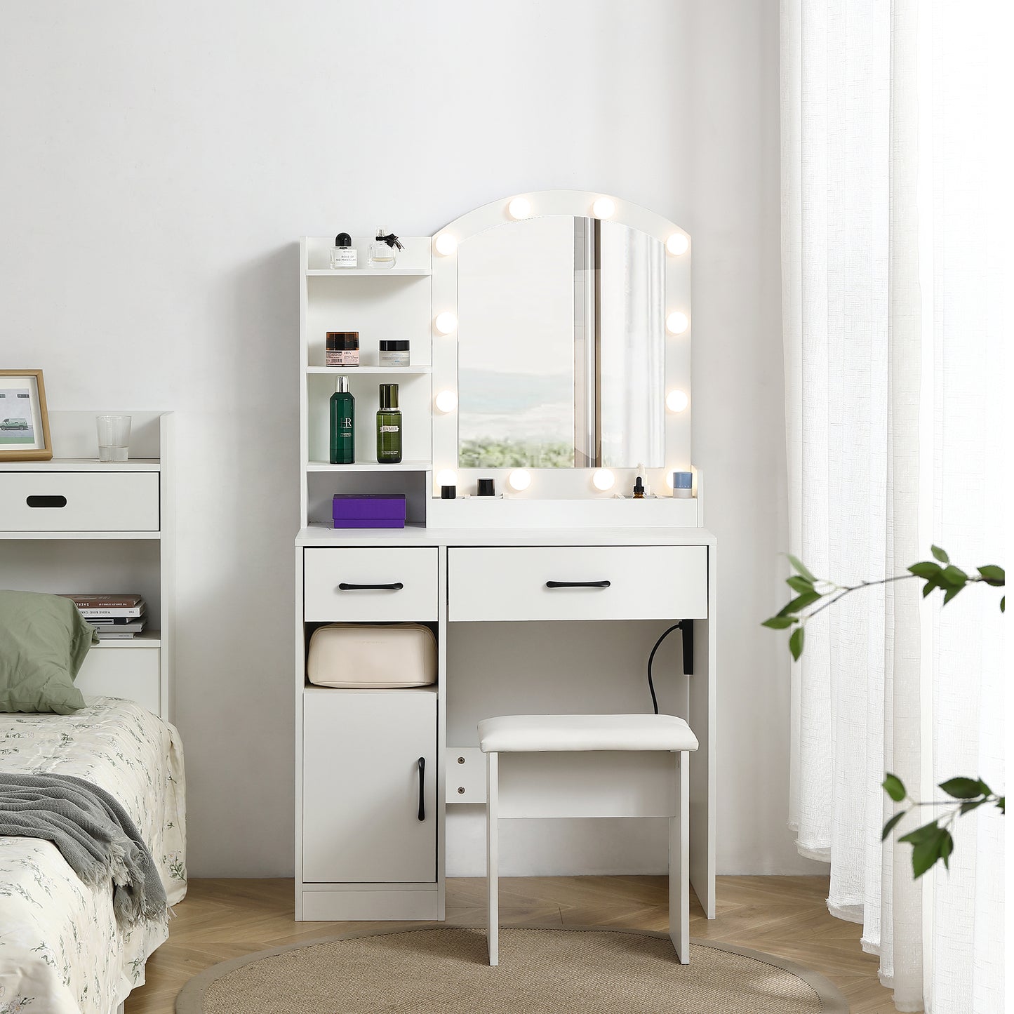Glowline Luxe Base – White LED Vanity Table with Large Mirror, 3 Light Modes, 2 Drawers, Cabinet & Stool