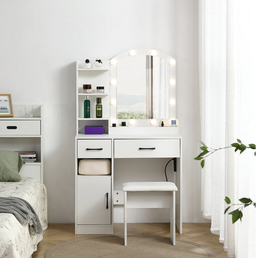 Glowline Luxe Base – White LED Vanity Table with Large Mirror, 3 Light Modes, 2 Drawers, Cabinet & Stool