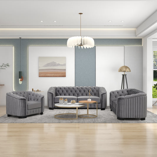 3-Piece Lounge Set – Gray Velvet Sofa Trio with Wood Legs (3-Seat, Loveseat & Chair)