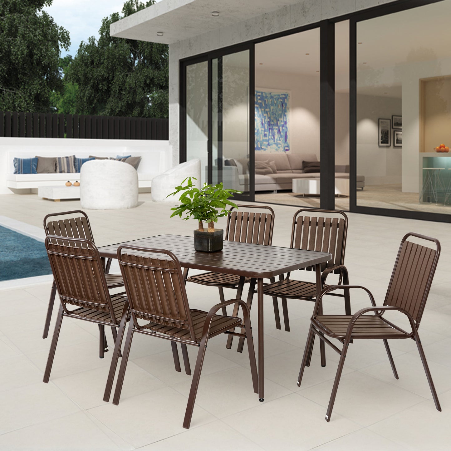 Terrana 7-Piece Outdoor Dining Set – Brown Plastic Chairs with Steel Table for Patio or Garden