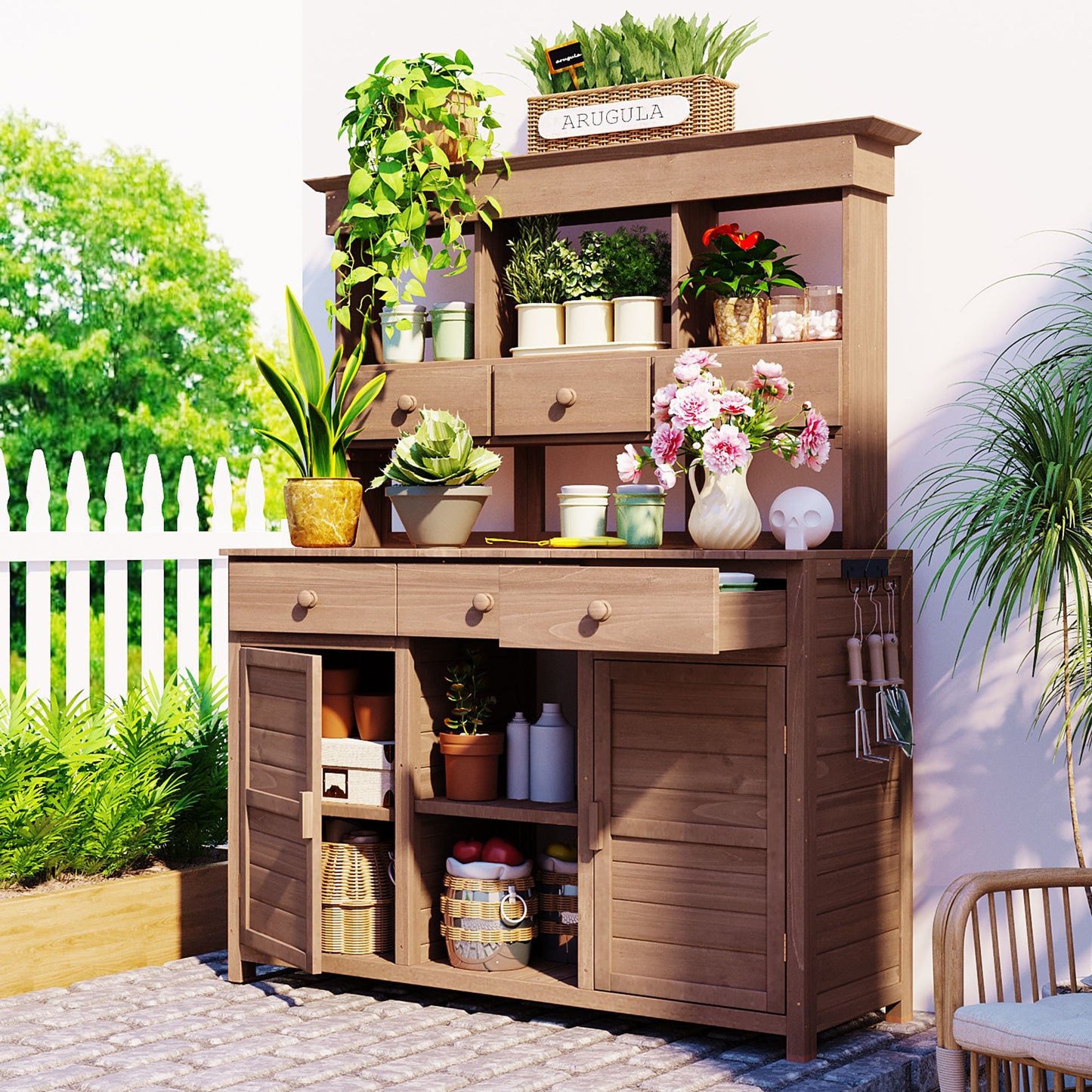 Tallia Garden Hutch Table – 65.7" Potting Workbench with 3 Shelves, Drawers, Cabinets & Hooks (Brown)