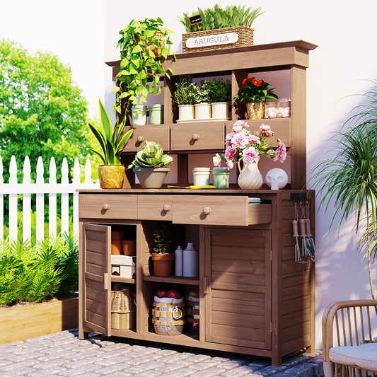 Tallia Garden Hutch Table – 65.7" Potting Workbench with 3 Shelves, Drawers, Cabinets & Hooks (Brown)