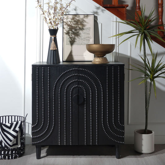 Navaro Accent Cabinet – 30" Black Wood Storage with Decorative Doors
