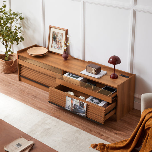 Mirodra LED Console – 4 Drawer TV Stand with Glass Front & Charging Ports