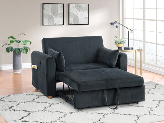 Marielle Midnight Lounge – Black Corduroy Sleeper Loveseat with USB Ports & Magazine Pockets