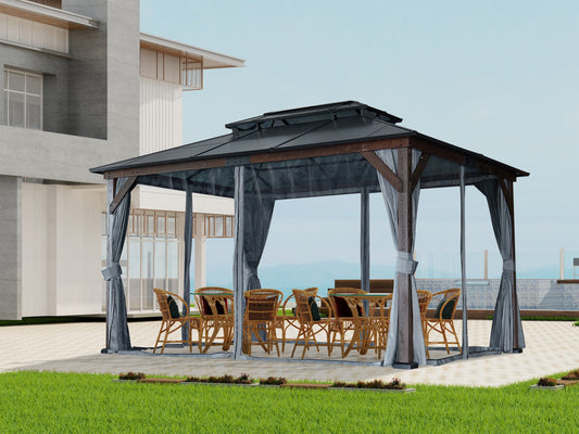 Aurelia 10x13' Wood Gazebo – Solid Frame Pavilion with Polycarbonate Roof, Curtains & Netting