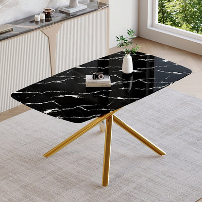 Fayno Glass Dining Table – 63'' Black Marble Top with Gold Fork-Leg Base