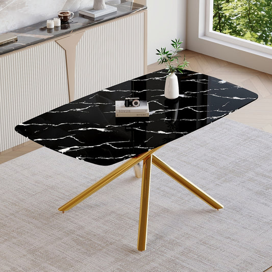 Fayno Glass Dining Table – 63'' Black Marble Top with Gold Fork-Leg Base