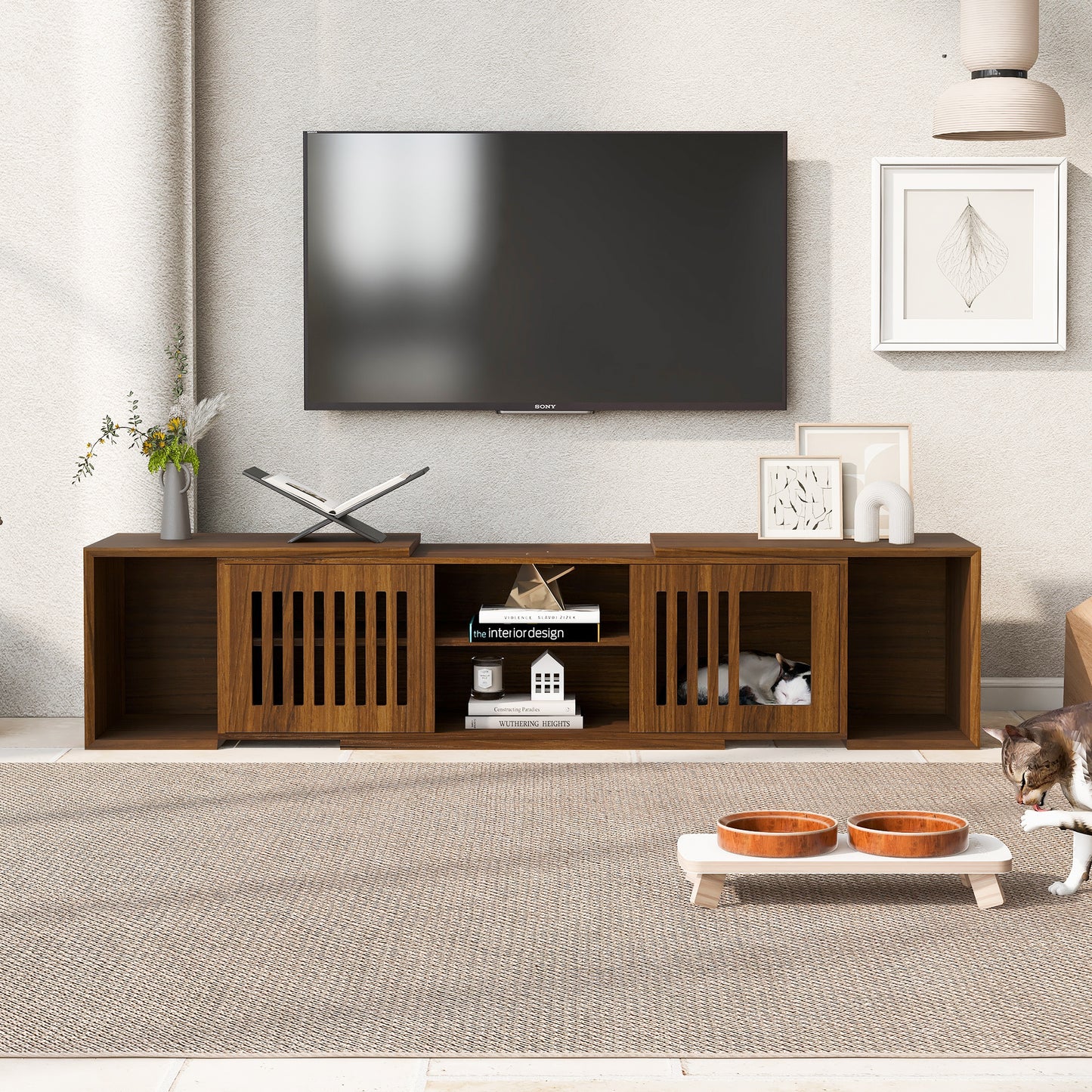 Vero Pet - Friendly TV Console – Mid - Century Walnut Stand with Soft Cushion, Sliding Door & Cat Hideout - JUSTLIVE NESTJUSTLIVE NEST