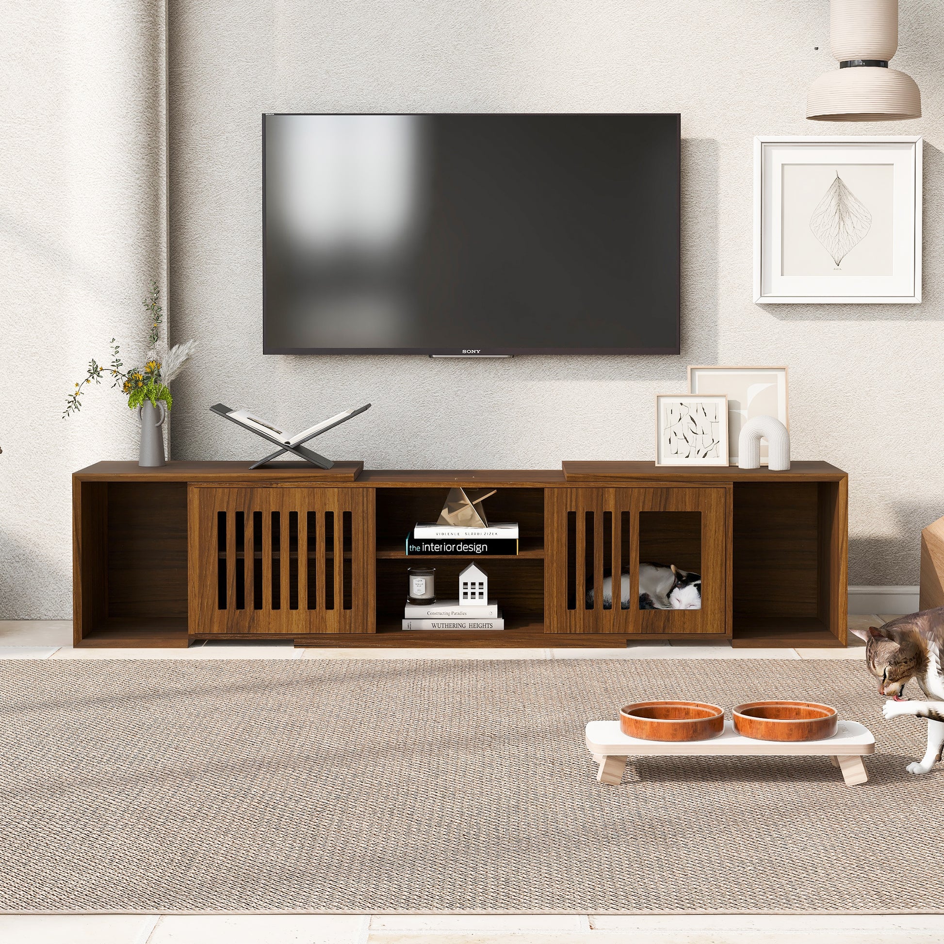 Vero Pet - Friendly TV Console – Mid - Century Walnut Stand with Soft Cushion, Sliding Door & Cat Hideout - JUSTLIVE NESTJUSTLIVE NEST