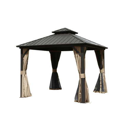 Aurelia 10x10' Hardtop Gazebo – Square Steel Roof Pavilion with Full Curtains (Brown) - JUSTLIVE NESTJUSTLIVE NEST