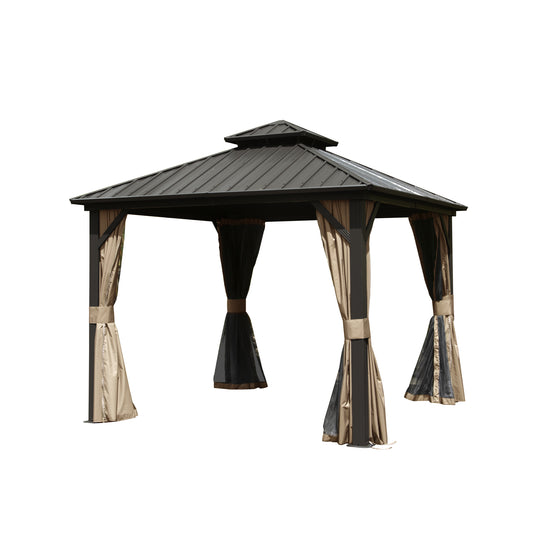 Aurelia 10x10' Hardtop Gazebo – Square Steel Roof Pavilion with Full Curtains (Brown) - JUSTLIVE NESTJUSTLIVE NEST