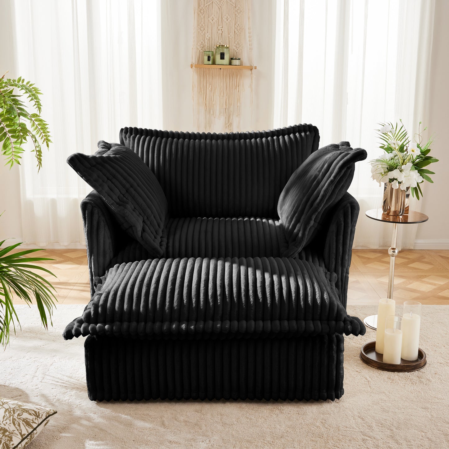 JUSTLIVE ‘Comfina Luxe” Chair Set – Black Corduroy | Slipcovered Deep Seat Armchairs + Ottomans + Cozy Pillows (2PC)