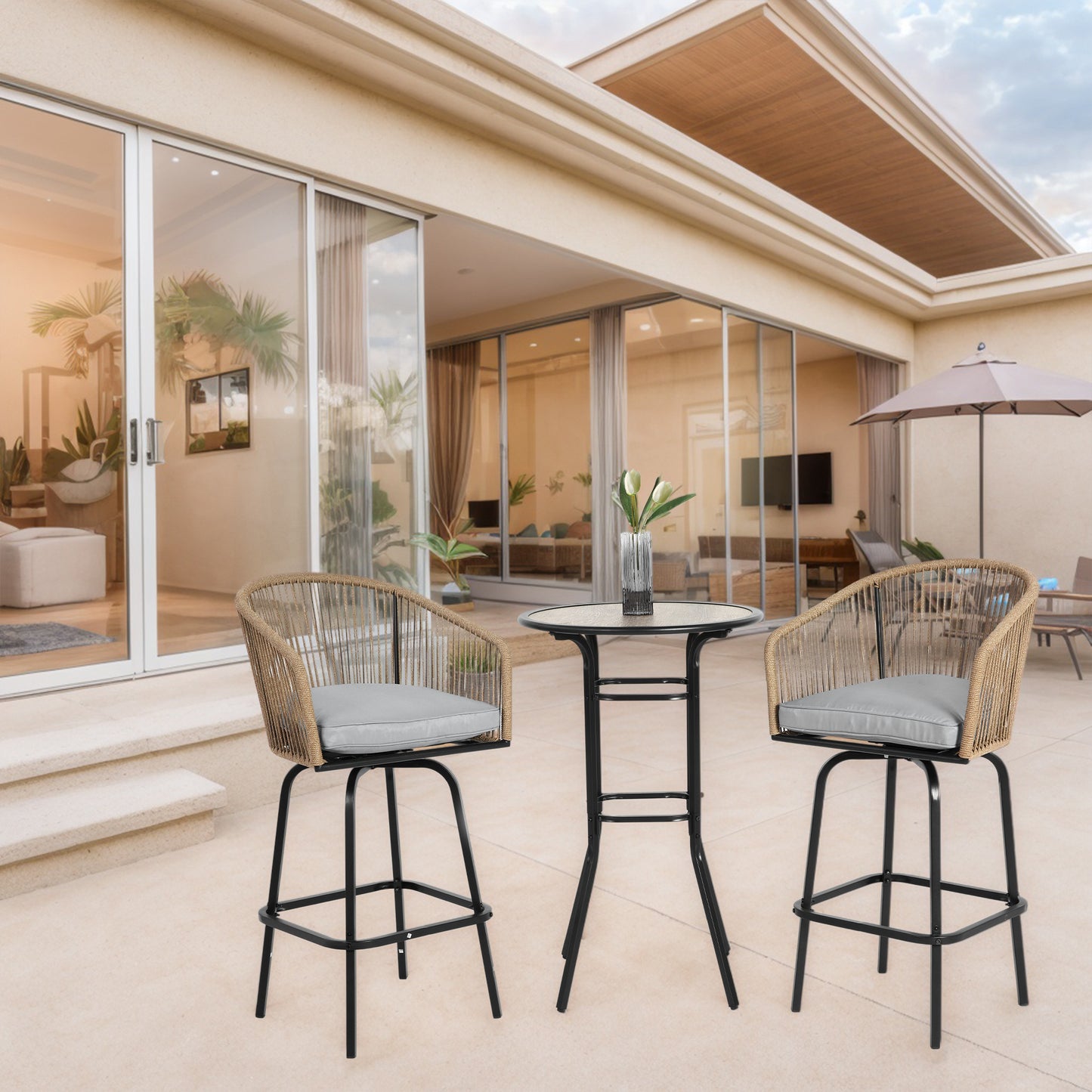 Vetta 3-Piece Bar Set – Gray Swivel Chairs with Round DPC Wood-Look Table for Patio or Balcony