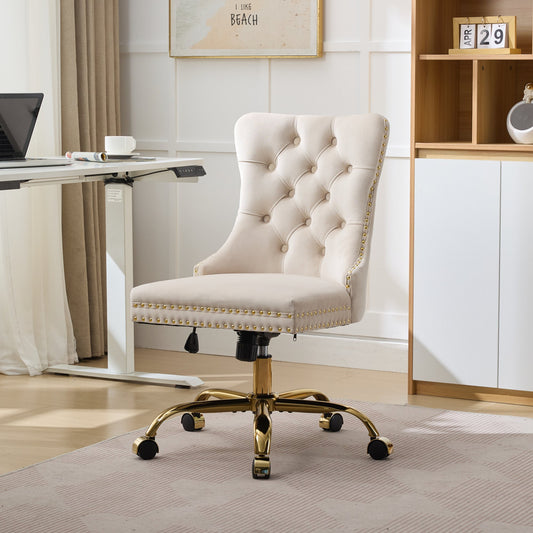 A&A Velvet Chair – Beige Tufted Swivel Desk Chair with Golden Base