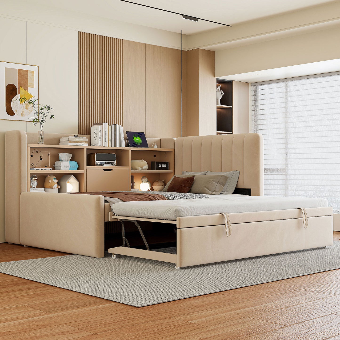 Nestyl Twin Daybed – Beige Upholstered Frame with Trundle, Storage Shelves & USB/Outlet