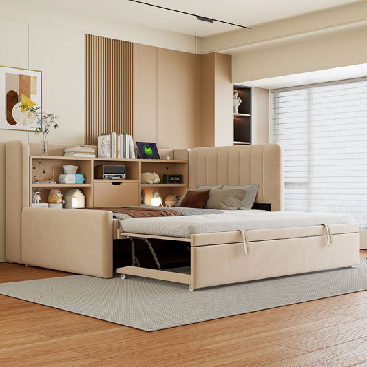 Nestyl Twin Daybed – Beige Upholstered Frame with Trundle, Storage Shelves & USB/Outlet