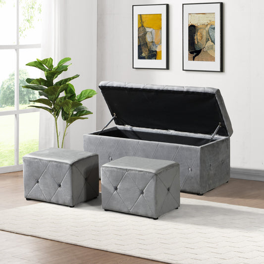 TrioVault Set – Lightveil Velvet, HiddenNest Storage Bench + Twin Ottos