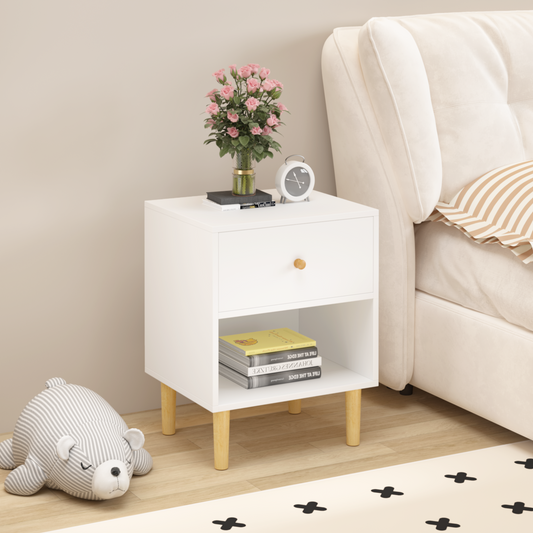 Clovera Kids Table – White 23.2" Nightstand with 1 Drawer & Shelf