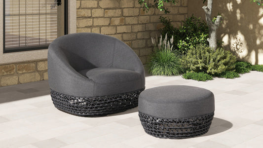 Willow Woven Round Ottoman – Graphite Sunbrella Acrylic for Patio or Poolside