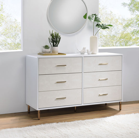 Myles Deco Dresser – White and Gold 6-Drawer Chest with Champagne Highlights