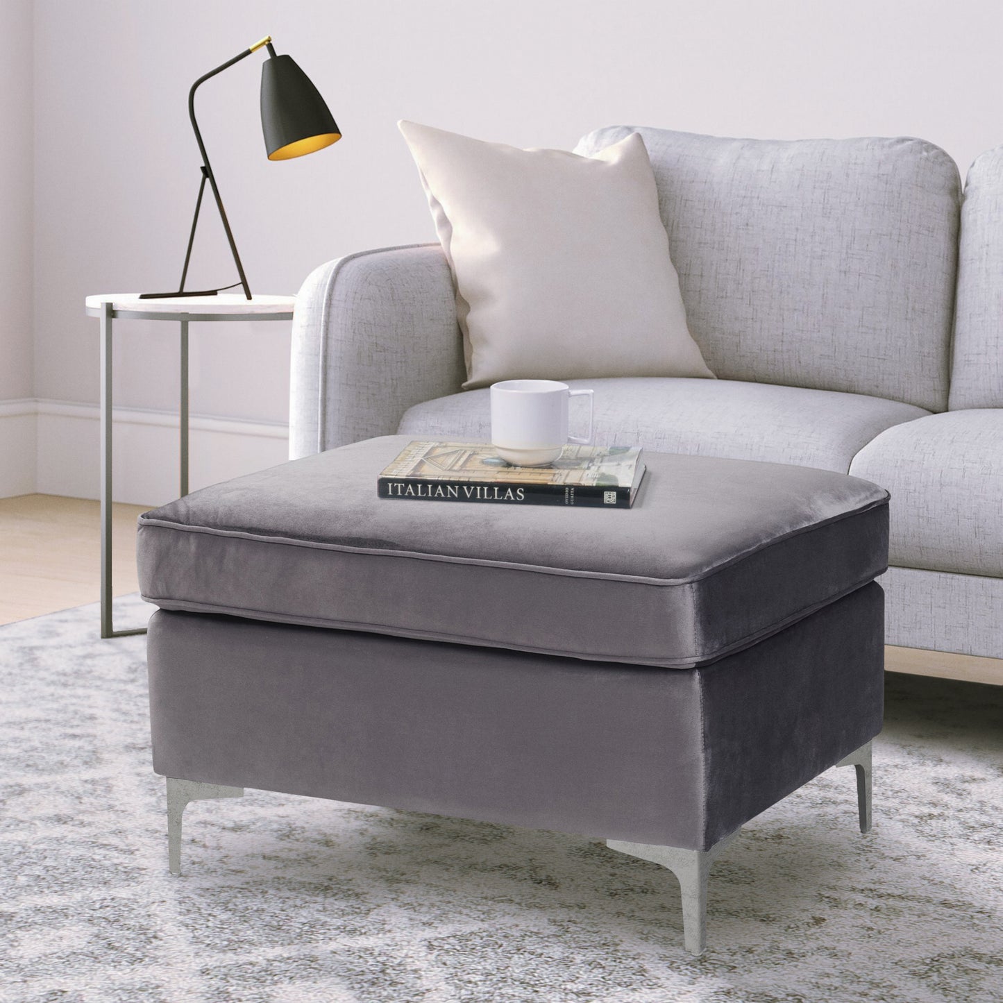 Rovina Ottoman – Gray Rectangle Seat in Neutral Fabric