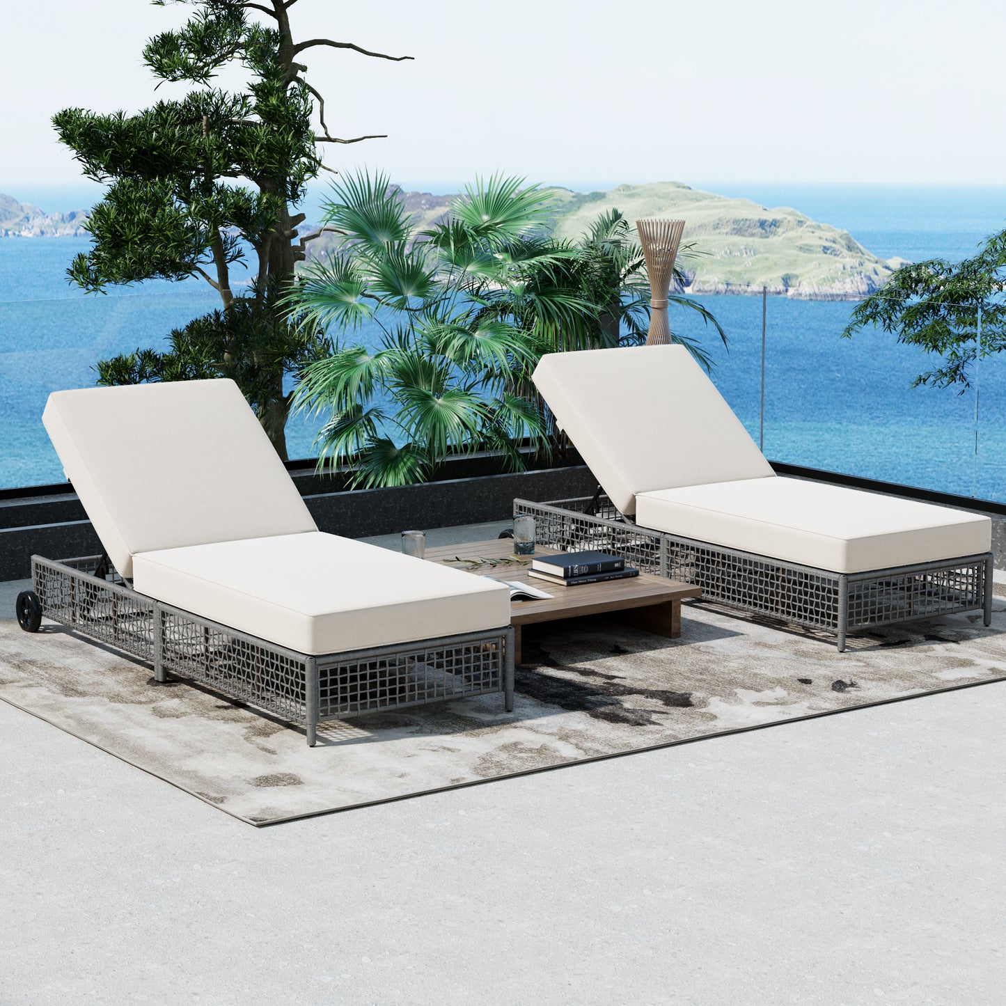 TREXM 2-Piece Chaise Lounge Set – Rattan Recliners with 5-Position Backrests, Cushions & Wheels (Gray + Beige)