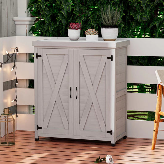 Terra Potting Bench – Outdoor Wood Workstation with Storage Cabinet & Metal Top