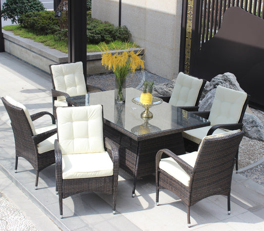 Terrana 7-Piece Dining Set – Rectangular Patio Table with Brown Frame & Beige Cushioned Chairs