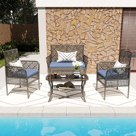 Solvara 4-Piece Wicker Set – PE Rattan Garden Chairs with Cushions & Tempered Glass Table
