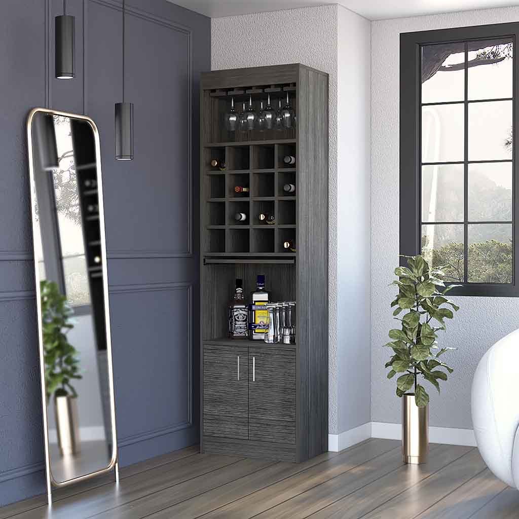 Illinois Bar Cabinet – Holds 16 Bottles, Includes Glass Rack, Shelf & Storage Cabinet