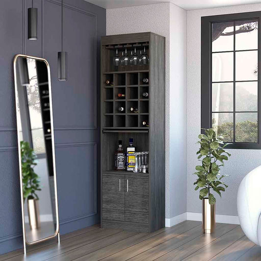 Illinois Bar Cabinet – Holds 16 Bottles, Includes Glass Rack, Shelf & Storage Cabinet