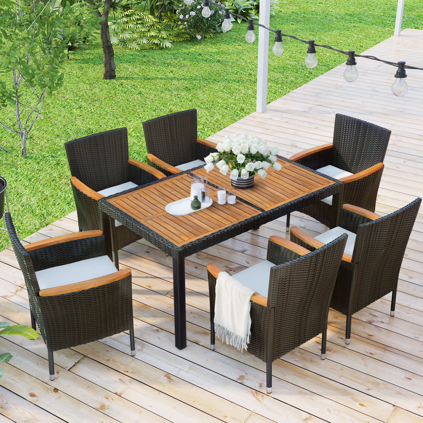 Solvia Dining Set – 7-Piece Brown Wicker Patio Table Set with Wood Top