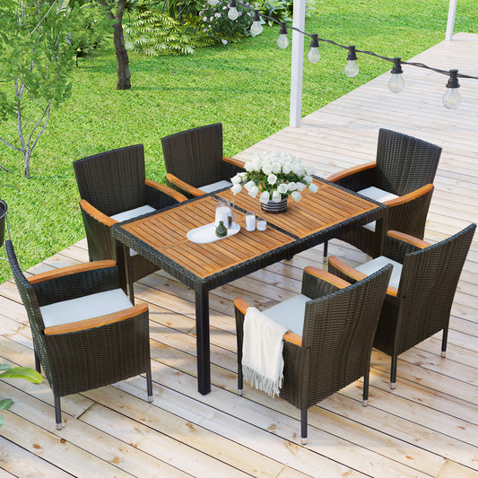 Solvia Dining Set – 7-Piece Brown Wicker Patio Table Set with Wood Top