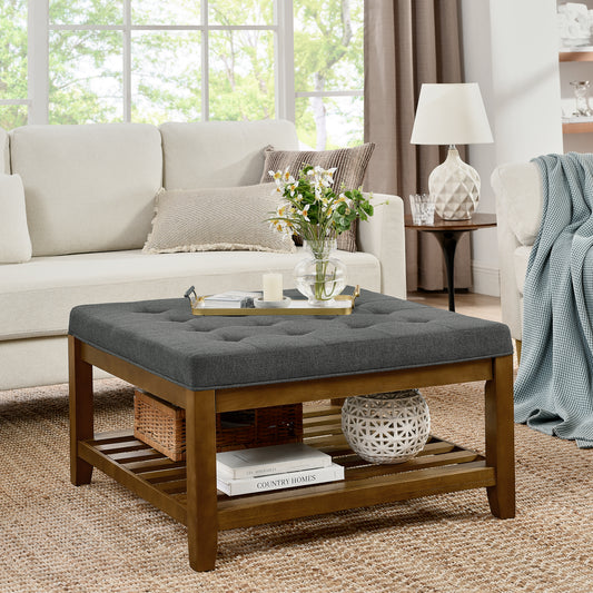 Enda Tablebench – Tufted Square Ottoman with Beechwood Shelf, Dark Gray