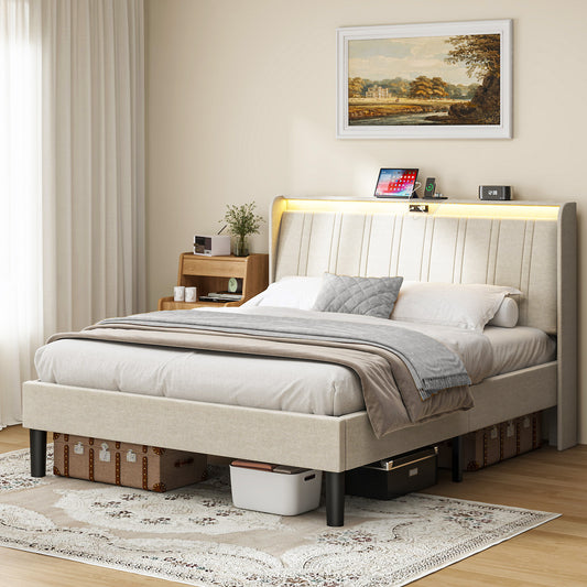 Pluvia Queen Bed – Fully Upholstered Headboard & Platform with Wooden Slats