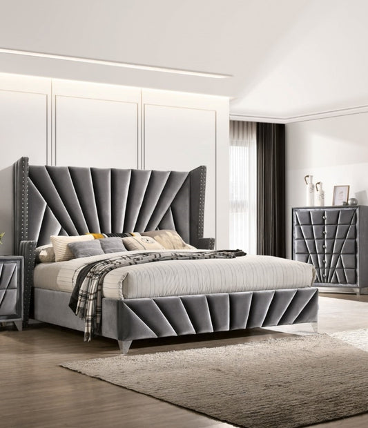 Kivora King Bed – Gray Wingback Upholstered Frame (Eastern King)