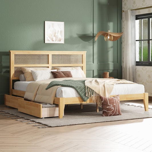 Ravella King Bed – White Oak Rubberwood Frame with Rattan Headboard & Storage Drawers