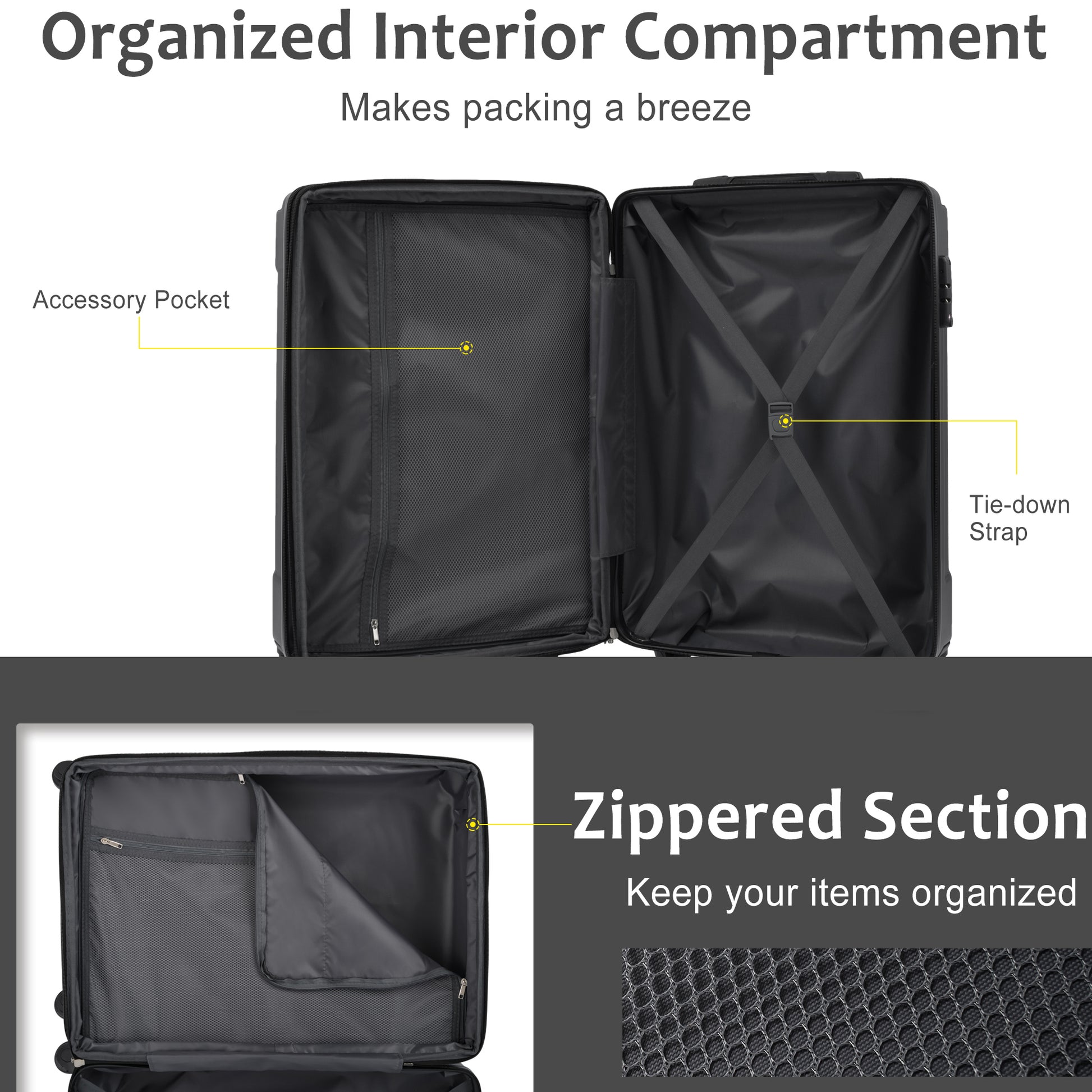 Jetera 3 - Piece ABS Luggage Set – Black Expandable Suitcases with Double Spinner Wheels & TSA Lock (20/24/28") - JUSTLIVE NESTJUSTLIVE NEST