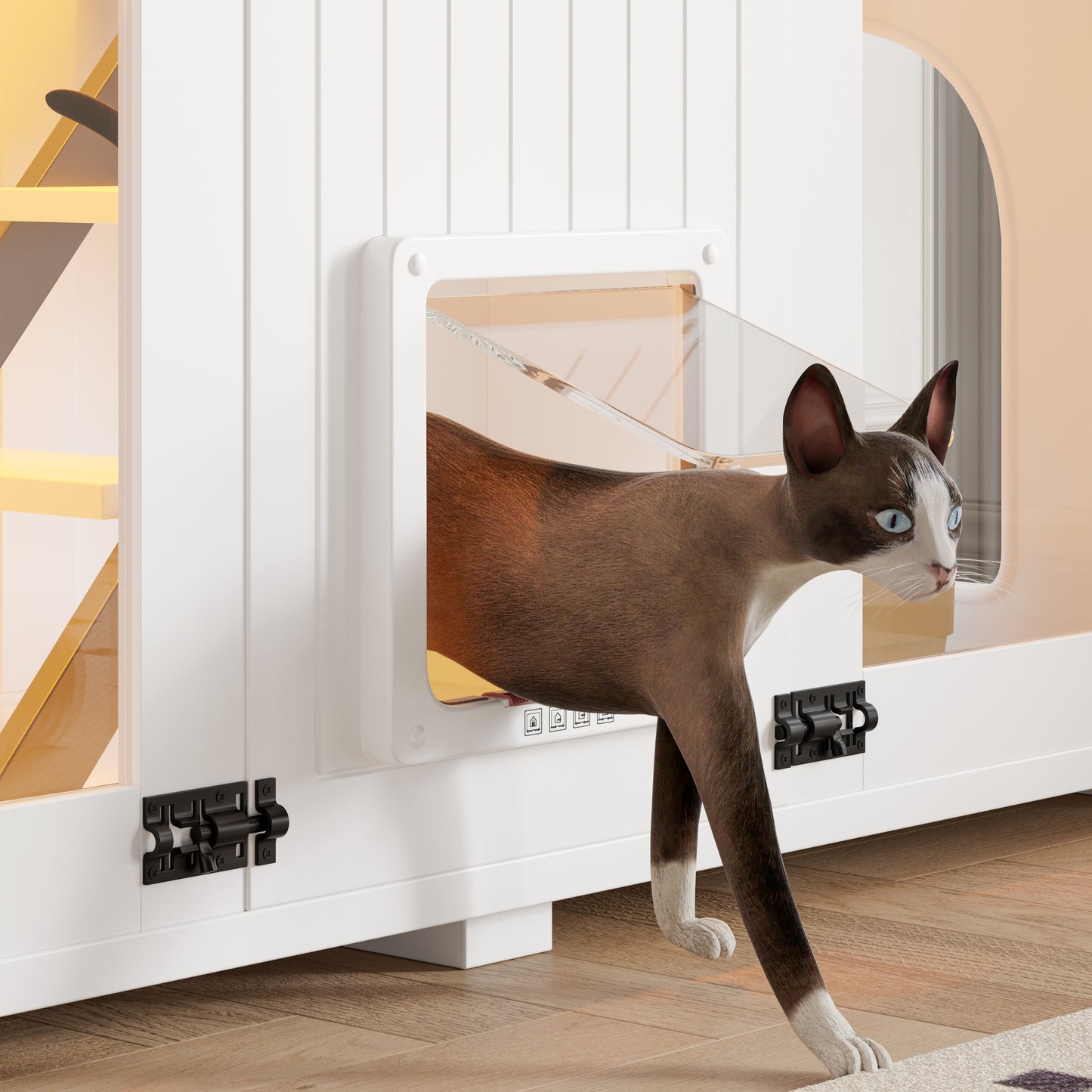 Nuvio 47" Smart Litter Cabinet – White Cat Enclosure with LED Light, Stair Entry, Scratch Panel & Side Table Design - JUSTLIVE NESTJUSTLIVE NEST
